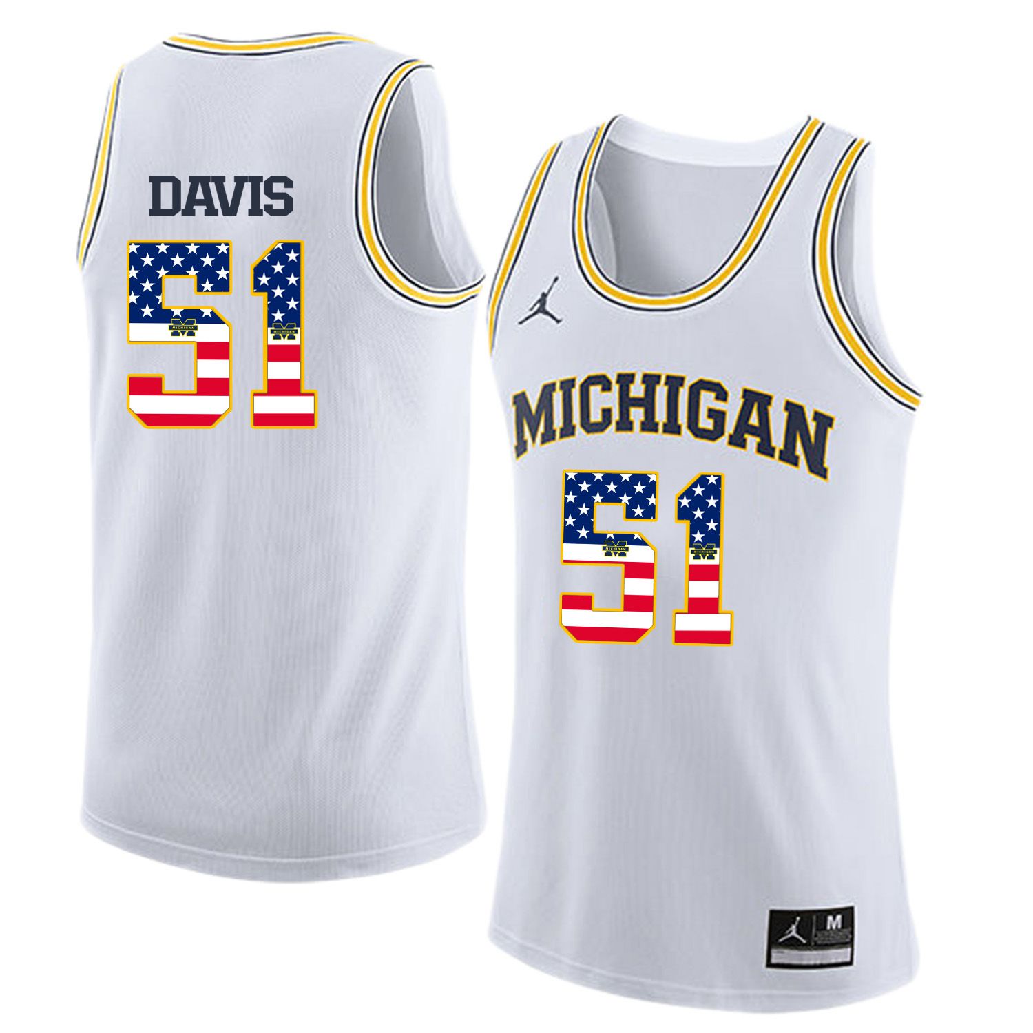Men Jordan University of Michigan Basketball White 51 Davis Flag Customized NCAA Jerseys